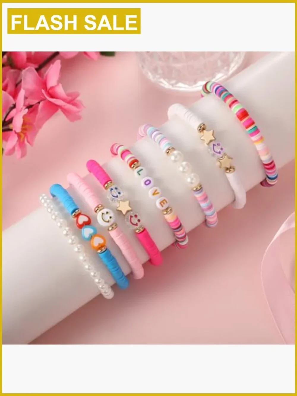 Set of 8 Preppy Stretch Bracelets, Smile Heart Star Beaded Clay Stackable